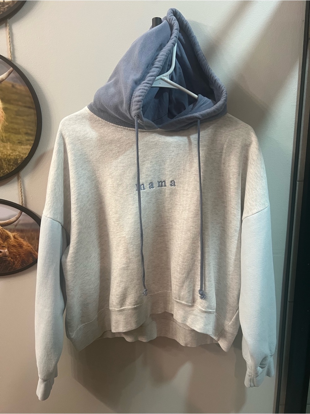 MV Sport 'mama' Two-Tone Hooded Sweatshirt - Light Gray & Blue
